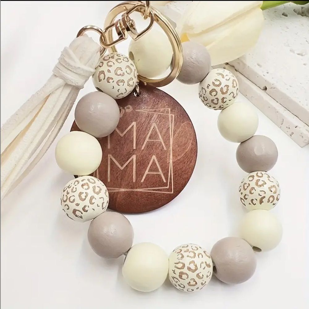 Mama Beaded Tassel Bangle Key Holder In Beige